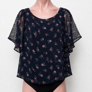 Loft Cute Black Floral Print Round Neck Short Sleeve V-Back With Ties Blouse XXS